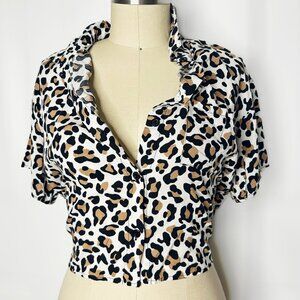 Leopard Print Button Down Tee Shirt w. Waist Ties, Womens Large Collared Blouse